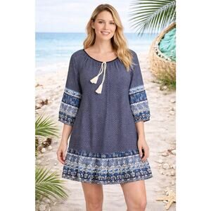 Andree Boho Peasant Blouse Indie Prairie Festival Cottagecore Blue Paisley Top M